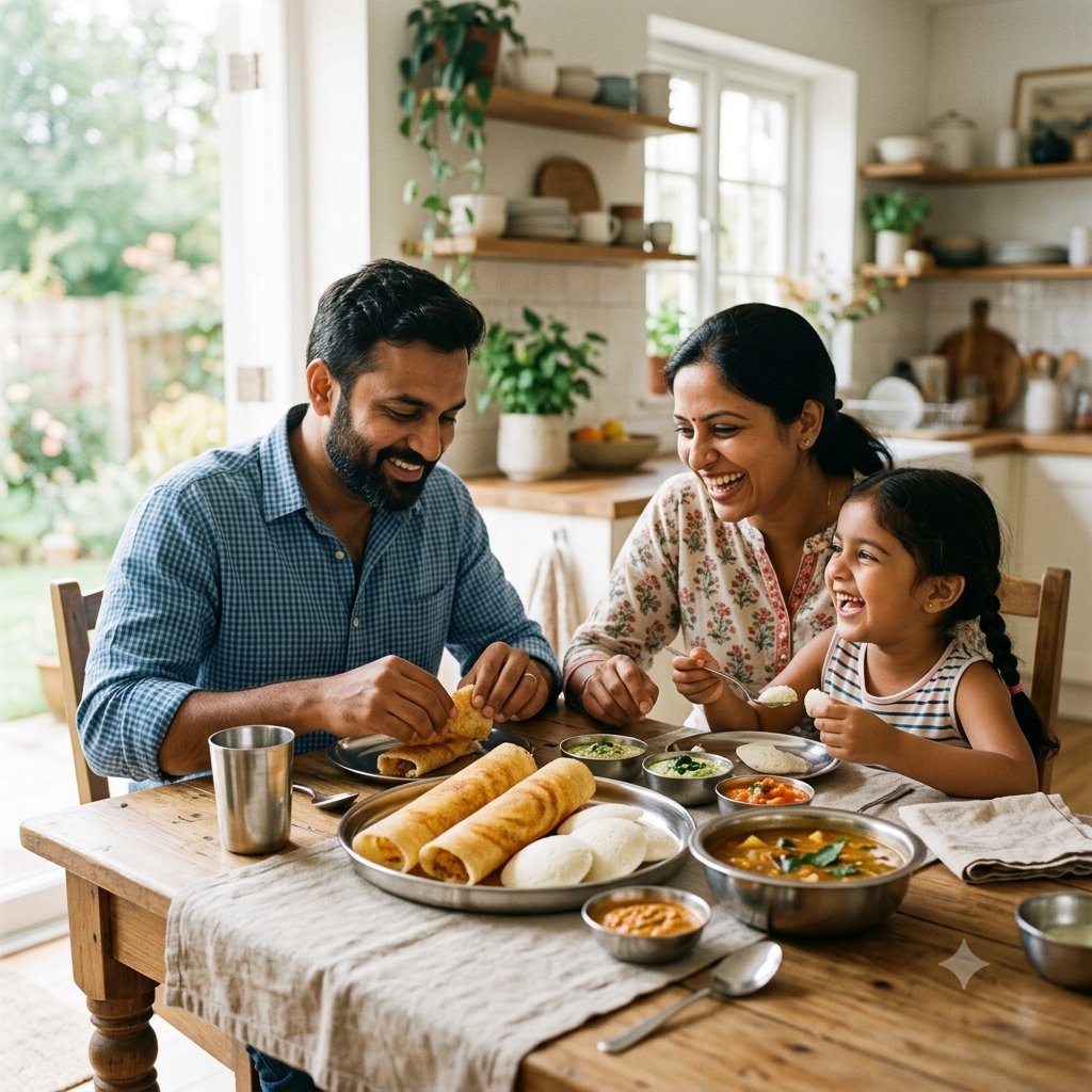 A family sharing a fresh dosa and idli breakfast at home